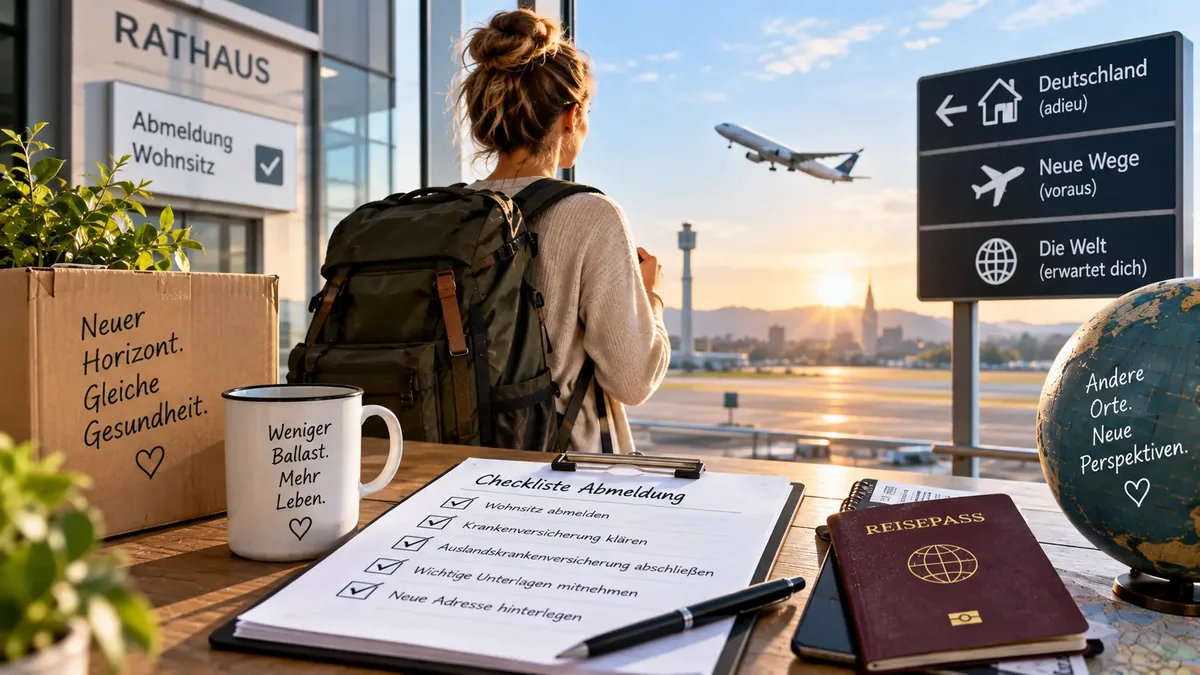 Auswanderin von hinten vor Rathaus und Flughafen mit Checkliste zur Abmeldung aus Deutschland