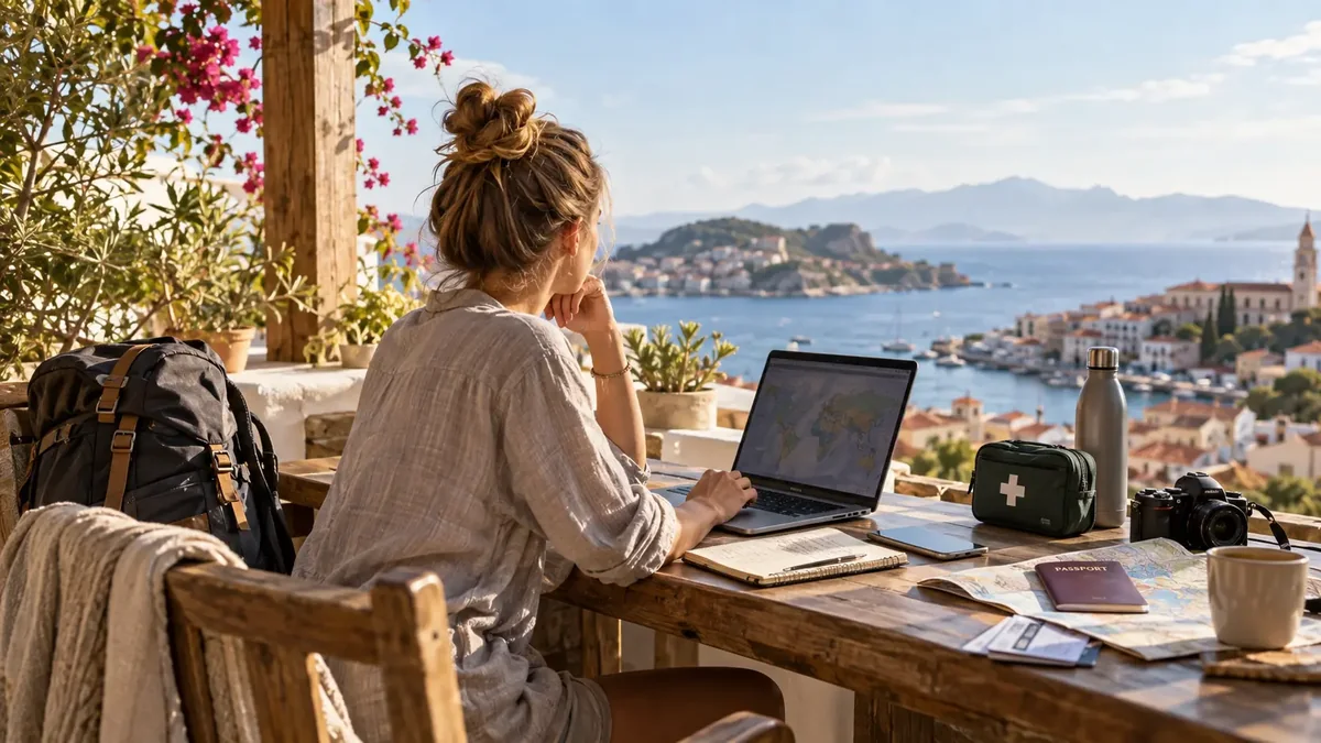 Reisende von hinten plant am Laptop einen längeren Aufenthalt ohne festen deutschen Wohnsitz