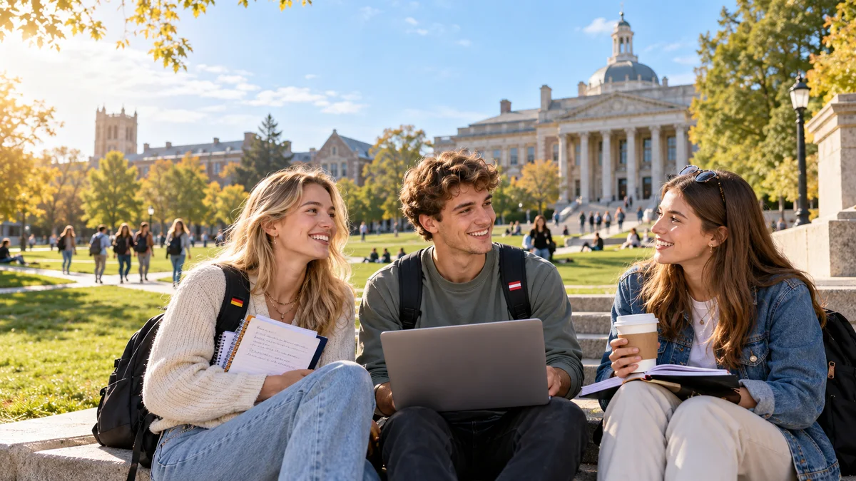Studierende planen gemeinsam ihr Auslandsstudium auf dem Campus einer amerikanischen Universität