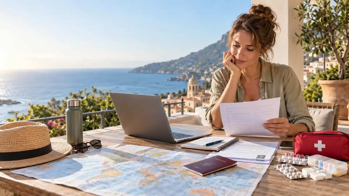 Reisende prüft Versicherungsunterlagen neben Reiseapotheke, Laptop und Weltkarte