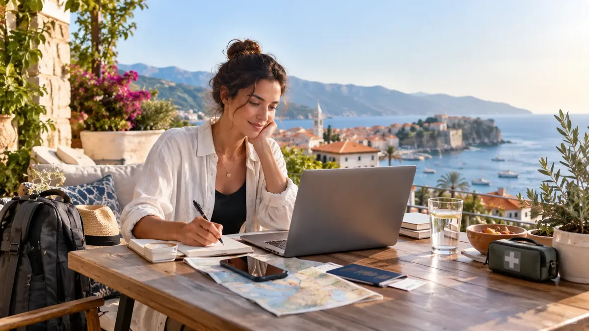 Reisende arbeitet während einer Workation am Laptop mit Blick auf eine Küstenstadt
