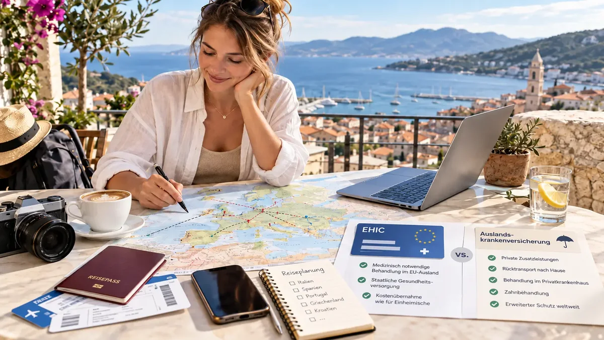Reisende vergleicht EHIC und Auslandskrankenversicherung bei ihrer Reiseplanung für Europa