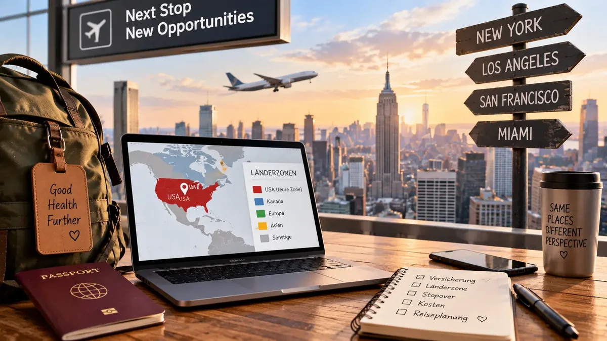 Reiseplanung für die USA mit Länderzonen auf einem Laptop vor der Skyline von New York