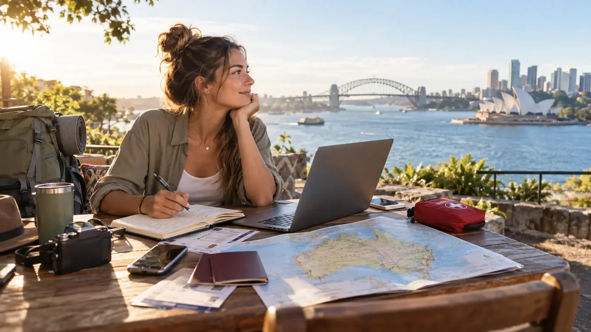 Reisende plant Work and Travel in Australien vor der Skyline von Sydney