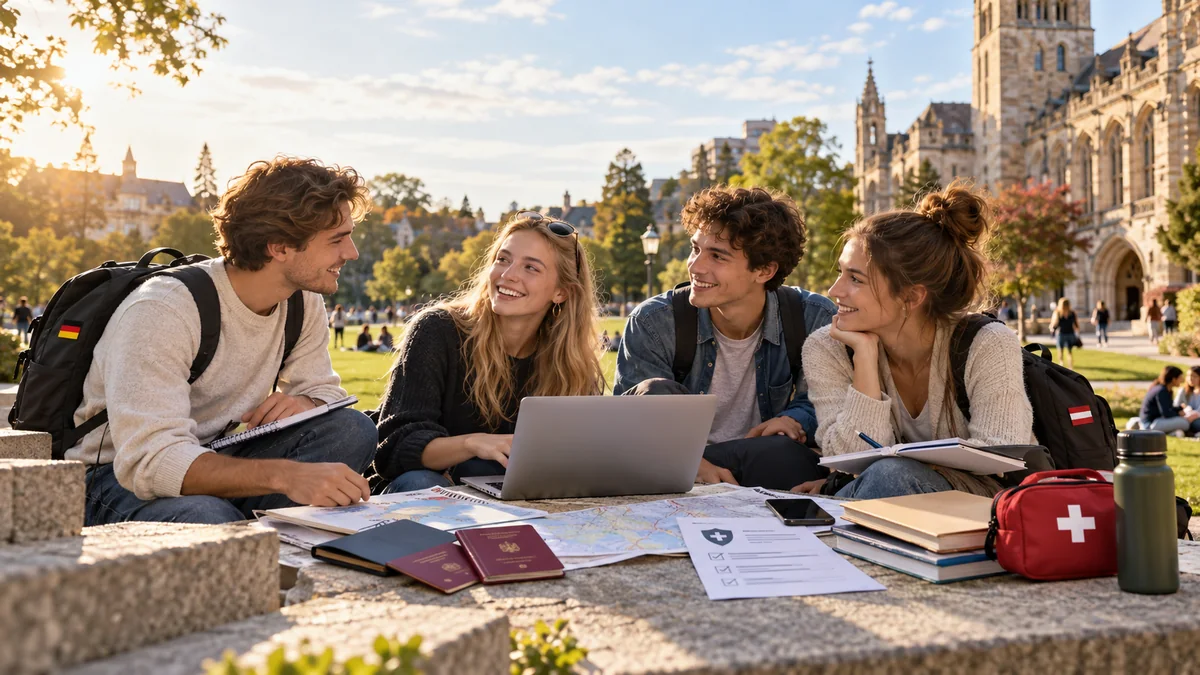 Vier Studierende planen gemeinsam ein Auslandsstudium auf den Stufen eines Universitätscampus mit Laptop, Landkarten, Reisepässen und Checkliste