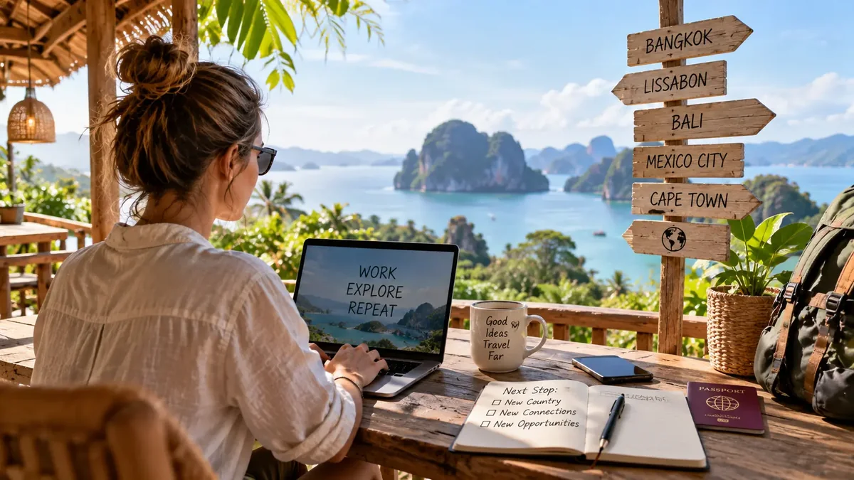 Digitale Nomadin arbeitet am Laptop vor einer Küstenlandschaft und einem internationalen Wegweiser