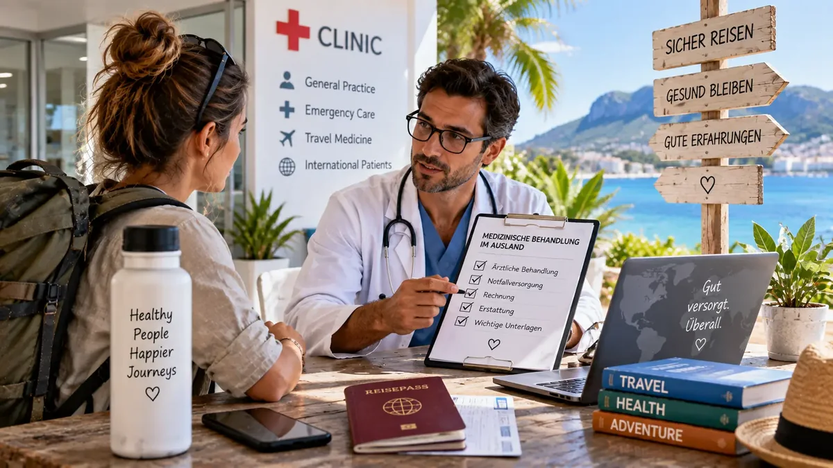 Arzt erklärt einer Reisenden die Organisation einer medizinischen Behandlung im Ausland
