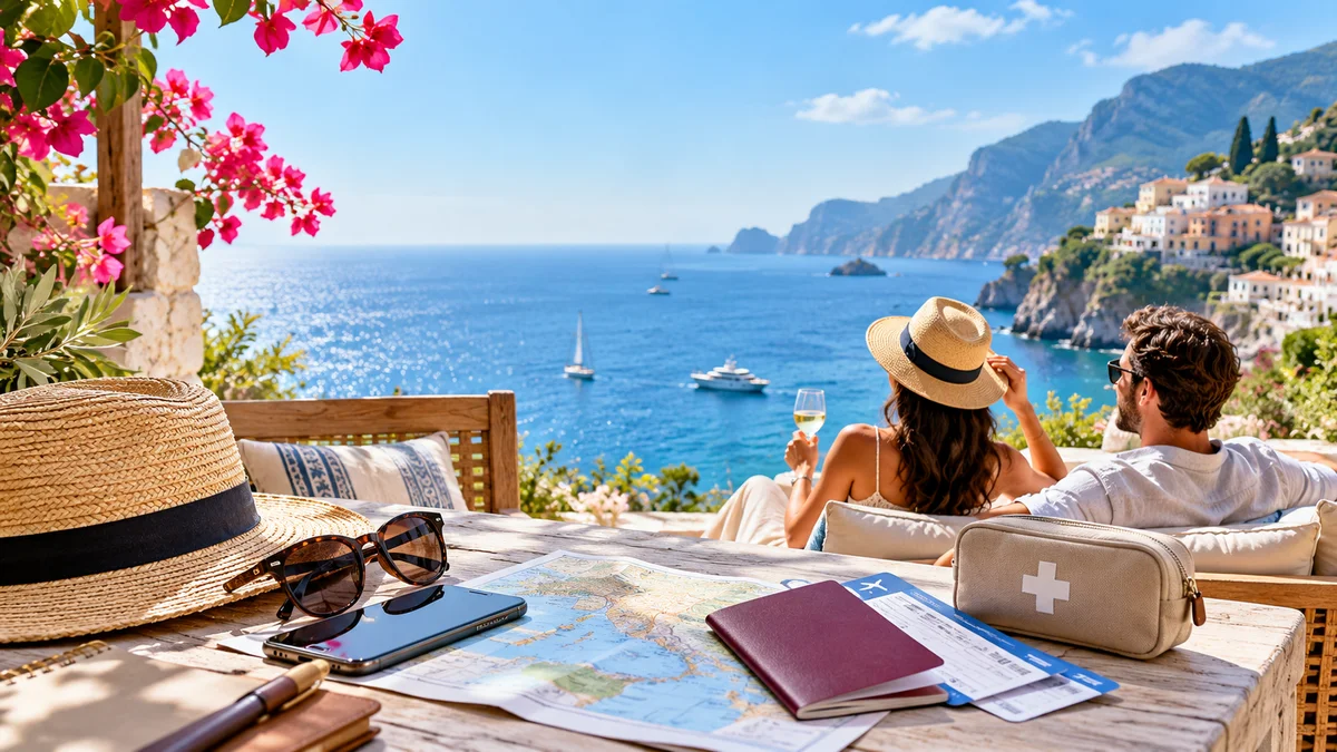Paar auf einer mediterranen Urlaubsterrasse mit Meerblick, davor Reisepass, Karte, Tickets und Reiseapotheke